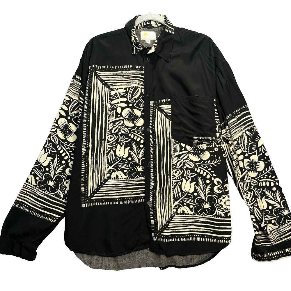 KASHA‎ Black Ivory Floral Rayon Laganlook Button down blouse M Modern, Artsy